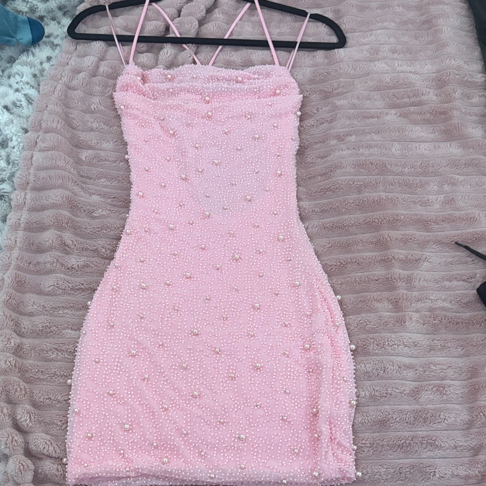Windsor Pink Pearl-Embellished Spaghetti-Strap Mini Dress